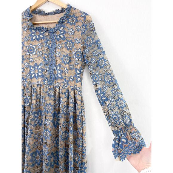 METISU Blue Lace Long Sleeve Midi Dress size Medium Peasant Boho Coquette - Picture 3 of 8